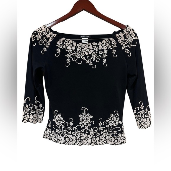 Kay Celine Tops - Kay Celine Black Elegant 3/4 Length Sleeves Blouse Top Boat Neck Bling Detail M